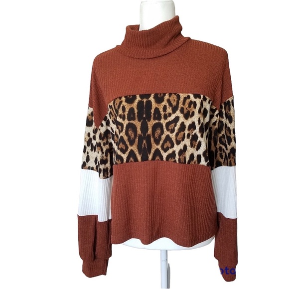 Rolled Neck Leopard Print Long Sleeve Panel Color Block Sweater Turtleneck - Picture 3 of 10